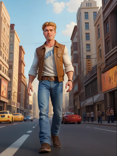 a waist high potrait of brad pitt manly character well built, wearing casual clothes, in the style of pixar animation, walking o...