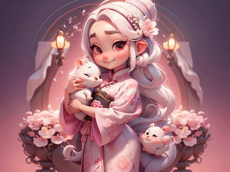 A little white rat in a soft Chinese Tang Dynasty Chinese costume, super cute, cinematic lighting, intricate filigree design, Pixar style, anthropomorphic, holding a pink lantern, big eyes, smile, peach blossom, flow, charming, immortal, fluffy, shiny bris...