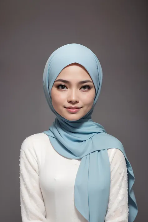 matured malay woman in hijab naked portrait photography, mid shot photo, ultra detail, professional photograph with professional lighting, smile, light blue studio background, sexy seducing pose, slim and slanders, small breast