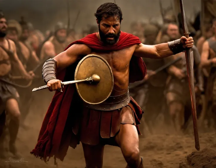 leonidas, 400 anos antes de Cristo,Mud and shield in hand,espartano,marchando para querra,army