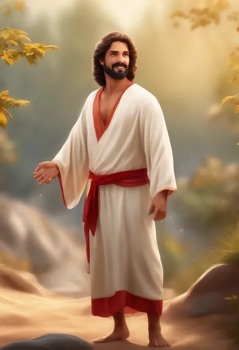 Jesus bonito, sorridente, beautiful and welcome Jesus with open arms, white clothes and a red scarf, backligth neon, fundo claro, design de camisetas, cinematic lighting effect, fofo, encantador, Arte vetorial 3D, bonito e peculiar, arte de fantasia, Bokeh...