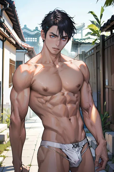 A Korean man, Slim body , Pale Asian skin, good eyes, Detailed body,massive bulge， Detailed face, Wear white thongs, Bare lower body, Good outdoor lighting, A sexy pose, Good expression , Sexy but cute, No beard, ,Only thongs, A handsome face like a K-pop ...