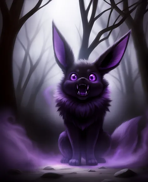 Eevee, ebony black, fangs, ghostly violet and purple aura, spooky, nightmare, masterpiece, best quality