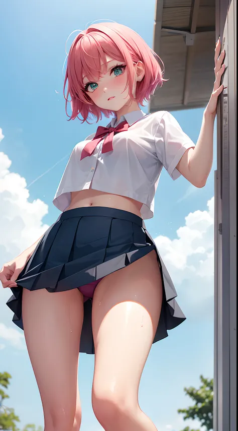 )Girl with pink short hair and light green eyes)、(Wearing school uniform、a short skirt)、(With legs open)、(red blush)、(viewed from below)、(Pants are visible)、(Pants are wet)good）