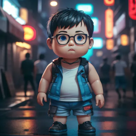 hyperdetailed photographic portrait full body 3d render of young chubby baby face chinese man, wear spectacle, wear white tank top, wear blue denim shorts, dark short hair, chubby face, detail face, detail nose, realistic eyes, detail fingers, as a full bo...