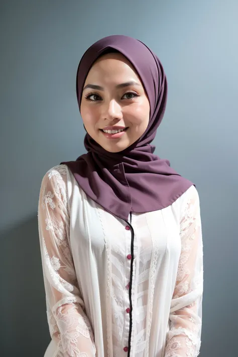 matured malay woman in hijab wearing sexy satin lace white color pajamas portrait photography, mid shot photo, ultra detail, professional photograph with professional lighting, smile, light blue studio background, sexy seducing pose, slim and slanders, sma...