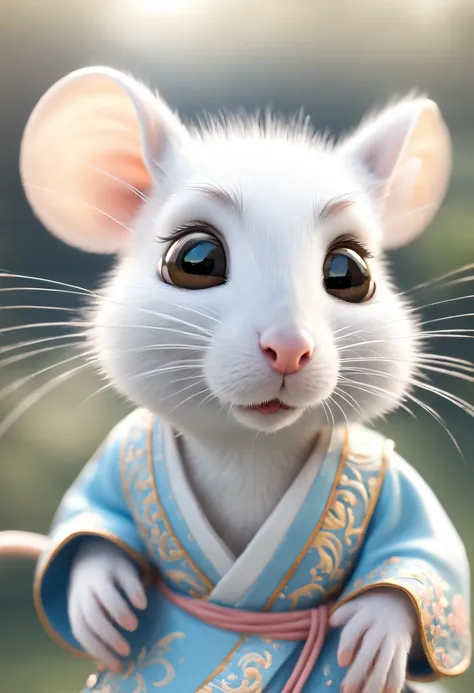 a little white rat in a soft chinese tang dynasty chinese costume, super cute, cinematic lighting, intricate filigree design, pi...