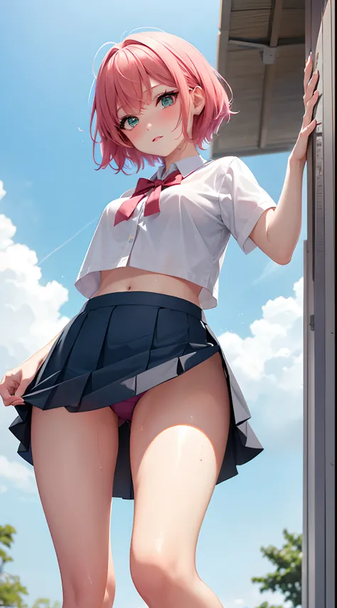 )Girl with pink short hair and light green eyes)、(Wearing school uniform、a short skirt)、(With legs open)、(red blush)、(viewed from below)、(Pants are visible)、(Pants are wet)good）