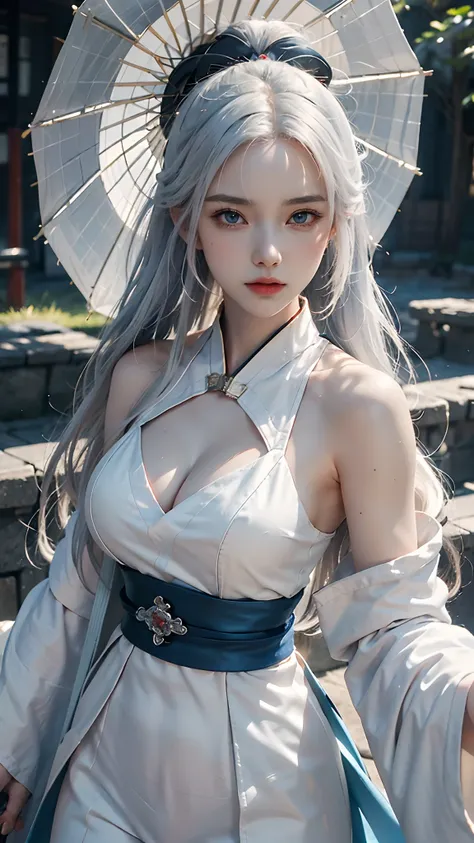 ((Best Quality, 8K, Masterpiece:1.3)), 1girl, Slim Abs Beauty: 1.3, (Casual hairstyle, No leaky big breasts: 1.2), Dress: 1.1, Super fine face, Delicate eyes, Double eyelids, smile, anime girl with white hair and blue eyes holding red umbrella, white hair ...