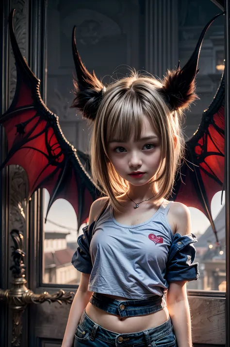 (best quality,4k,highres),sexy demon loli,open denim shorts,white wet t-shirt,bare midriff,underboob,batwings,dracula fangs,gazi...