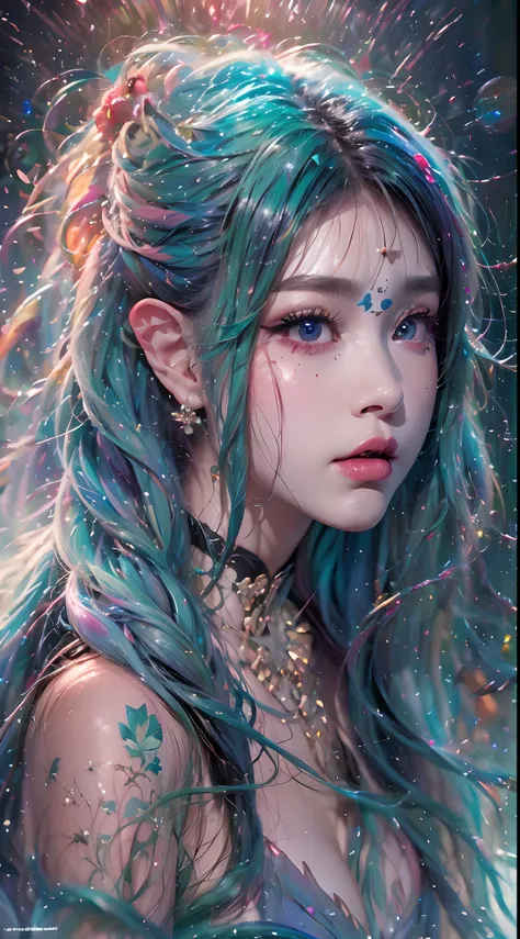 ( Absurd, High quality, Ultra-detailed, Masterpiece, concept-art, smooth, high detail artwork, Hyper-realistic painting , high resolution, paint splatter, colored splashing, Splash of Ink, colored splashing), (( Rainbow hair)),elf, Plum elf, plum , Transpa...