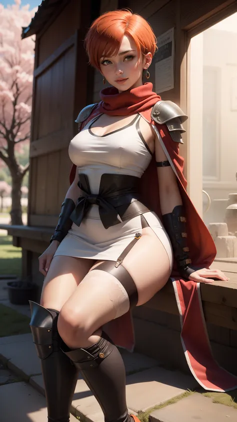 gwen tennyson,1girl,tracer,rebecca chambers,mai shiranui,samurai uniform,japan,kimono,steel armor,23 years old,green eyes,garter belt, thigh high boots,short hair,orange hair,moonlight,cherry blossom,shy smile,white striped top,bodycon skirt,freckles,redhe...