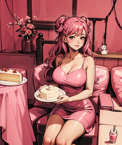 woman in pink dress sitting in front of a pink wall with a cake, bbwchan,  eating cake, smile expresion ,