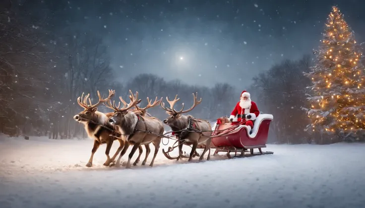 santa claus flying sleigh with 8 reindeer new york city lights at midnight  in the background, snowing