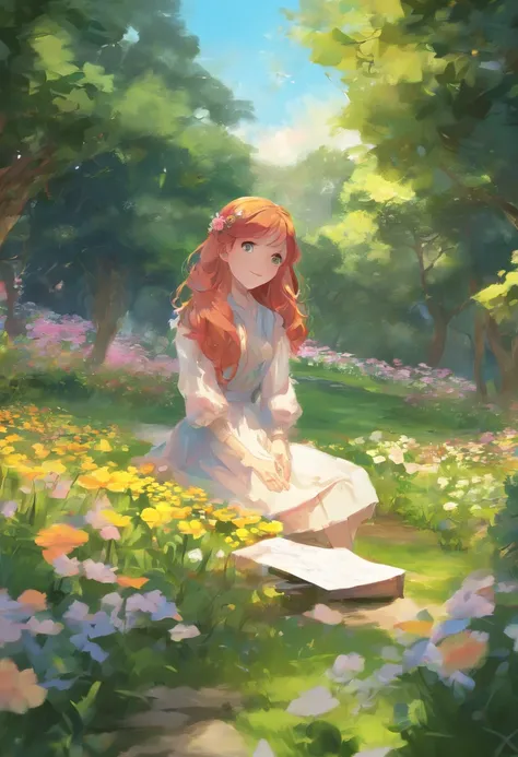 (best quality, highres, ultra-detailed, realistic:1.37), vibrant colors, soft lighting, oil painting style, garden scenery, flowers blooming, green grass, joyful expression, graceful pose, sunlight streaming through the trees, 1fem, 12 age, girl, long red ...