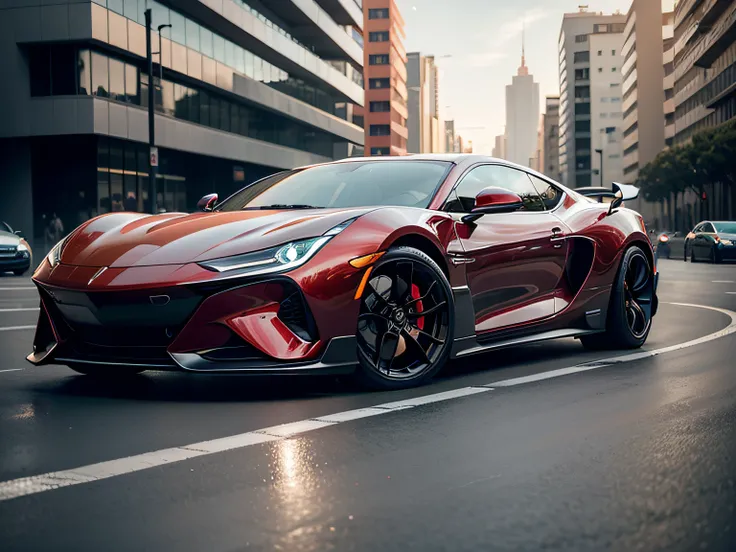 Un coche deportivo de color rojo brillante, with a streamlined and curvilinear design, que resalta su velocidad y potencia. El coche tiene unas luces LED azules que iluminan su contorno y le dan un toque futurista. The car is parked on a night street, fren...