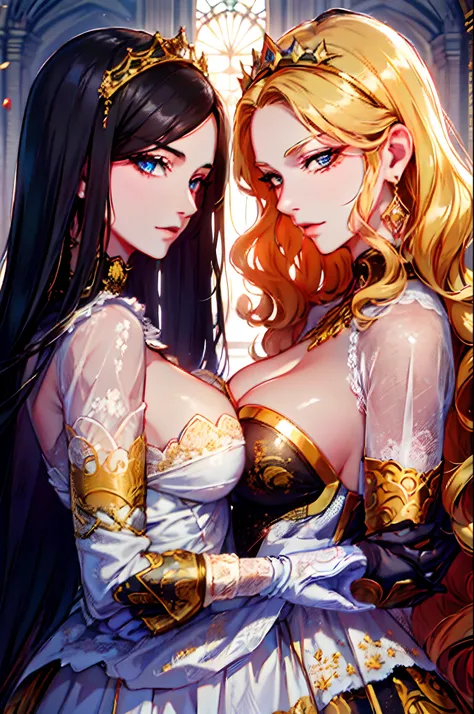 manhwa style, fantasy-style, 2 women aligned, (confrontation), (looking at viewer), jewel, gorgeous, splendid, luxurious, aristocrat, noble, arrogant, (golden), goddess, queen, curly hair, forehead, mature women, embroidery, white satin dress and gloves an...