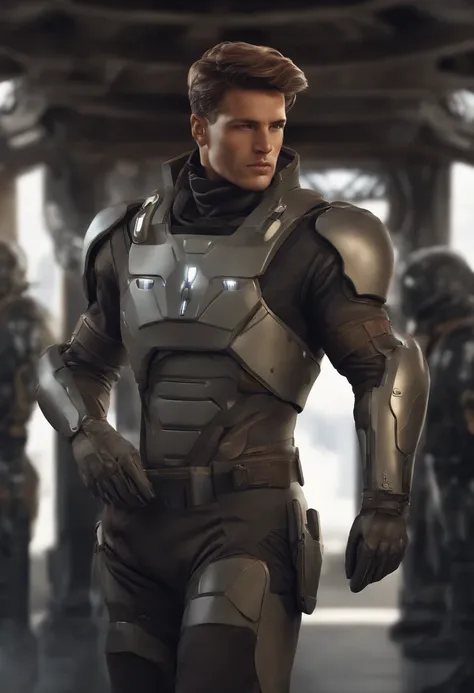 imagine actor Reynaldo Gianecchini, full body, gray cyber punk armor, short brown military style hair, he is on a futuristic military base, comic book style, close-up, D&D, fantasy, intricate, elegant, highly detailed, painting digital, art station, concep...