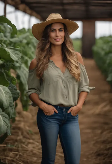 Agricultora jovem, 35 anos, straw hat, cabelo curto, rosto perfeito, in front of a vegetable plantation, Looking at camera, Denim Jeans Pants, botas de couro.