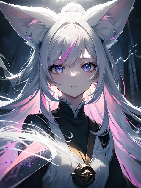 (Masterpiece, Best quality, ultra high resolution),1girl, grey hair, long fox ears, (multicolored hair,pink,blue,yellow),(pale skin),beautiful and detailed face, detailed eyes,on the magic forest, cloudy sky,fog, night (grey theme),