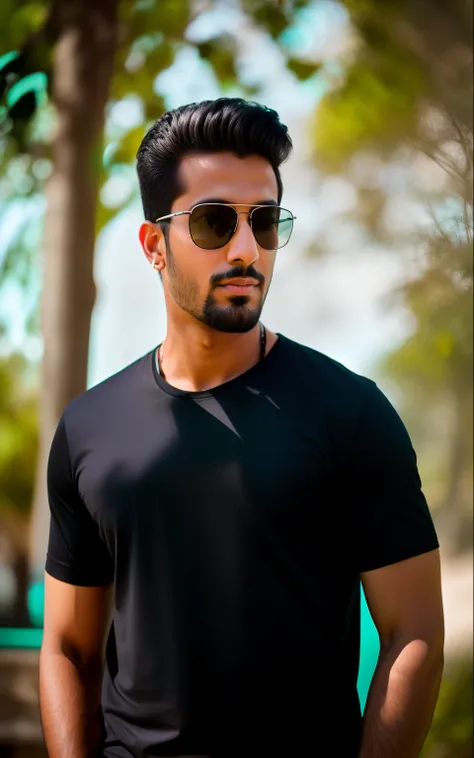 arafed man in sunglasses and a black shirt standing in front of trees, casual photography, mohamed chahin style, stylish pose, with lovely look, realism artstyle, candid picture, shot on nikon z9, with accurate face, male model, jayison devadas style, fash...