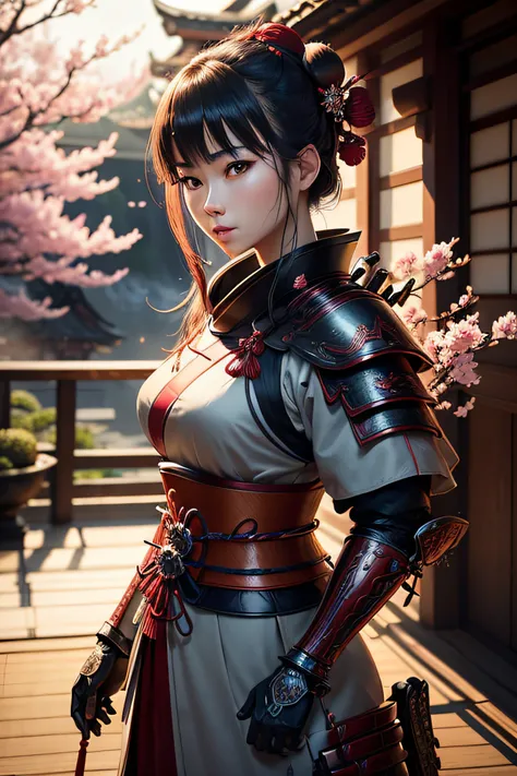 beautiful Japanese woman,steel samurai armor,highly detailed image,ghost of tsushima,full body,samurai sword,serene expression,dynamic pose,engravings on armor,flowing kimono,crimson color accents,traditional japanese setting,ancient cherry blossom tree,et...