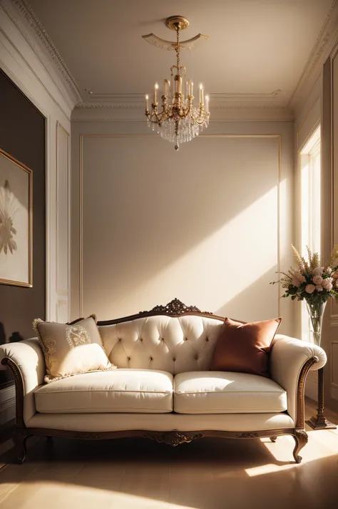 ((masterpiece)) a couch in a fancy living room, beige couch, ((no_humans)) fancy decoration, architecture, design, house photography style, minimalist decoration, decoration magazine photography style, ultrarealistic, ultra hd