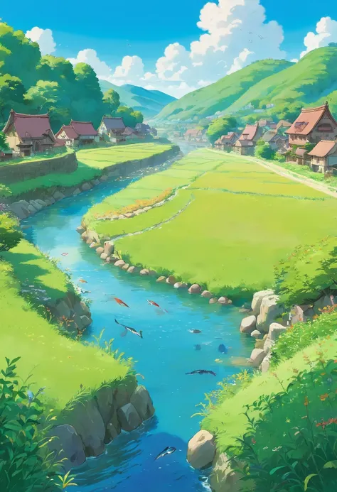 Landscape scenery of a grass field with a river with fish in it, blue sky, village area, anime