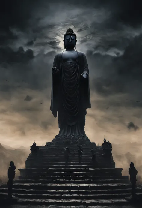 The artwork of the masterpiece is predominantly dark in style，In the distance stands a gorgeous black Buddha statue，Huge and awesome。Pilgrims on the road slowly advance along the stately stone steps，See this magnificent sight。The details are extremely deli...