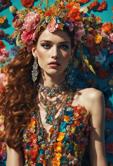 a handsome female, Bohemian Roman costume, Fashion haute couture photography,
in the style of Lucy Grosssmith, Colorful, Eye-catching anaglyph compositions,
Bright palettes, The play of light and shadow, Patchwork collage aesthetics,
Olivia Gibbs haute couture, full length, Blooming crystals, Sparkling sunlight,
hairsh, decorated with crystal beads, laid in loose braids, Couture is intricate
Velvet dress with ruffles, shiny diamond necklace, Collar Chain Earrings,
Long Ending, Bright, Live, Colored;, Fashion magazine style,
in the style of Chanel, Super detailed
