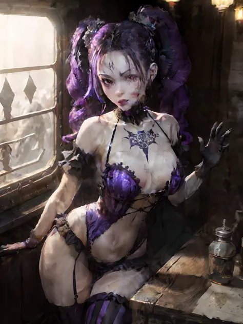 Beautiful Alluring Gothic Clown female, Fantasy Theme, Bare Skin, Outside Of A Haunted Train Ride, Purple And Black Stripes, Gothic Clown Makeup, Frilly Outfit gloves and long socks, pigtails hairstyle, Barely Clothed, Beautiful D&D Character Portrait, Omi...