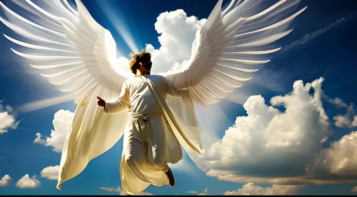 an angel flying in the heavens as he blows his trumpet