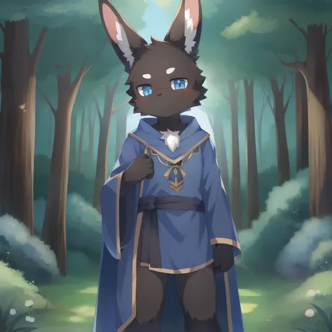 masterpiece, solo, 1boy, Furry, kemono, furry rabbit, anthropomorphic, male, black fur, black skin, blue eyes, blue wizard robes, forest, femboy, uploaded on e621,