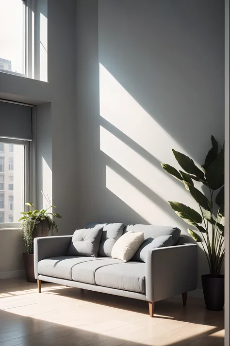 ((masterpiece)) a minimalistic couch in gray color, delicate details around, plants for decoration, living room view, architecture and design photograph style, natural light coming from window, artificial studio light