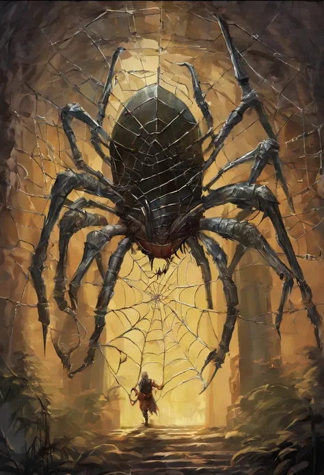 Huge metal spider that is in prison a warrior in a metal web , Tyler Edlin Fantasy Art, Style artistique humblewood, Illustration High Fantasy, guerrier , Surprisingly detailed D & D art