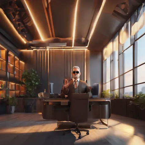 charismatic old and viril character with sun glasses on the black luxury office