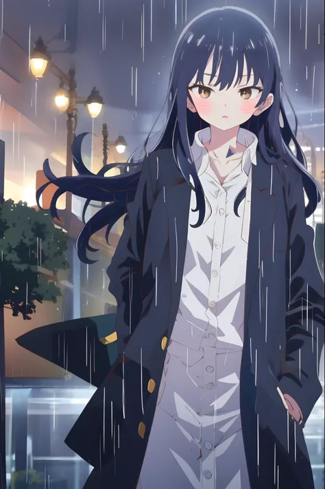 1 girl, night city, rain, coat, hands in pockets