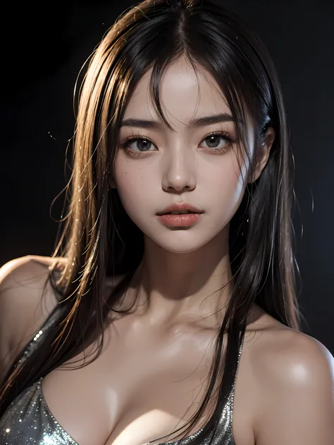 best qualtiy，tmasterpiece，超高分辨率，（fidelity：1.4），RAW photogr，1girl，silber hair，shiny skins，dramatic lights，huge tit