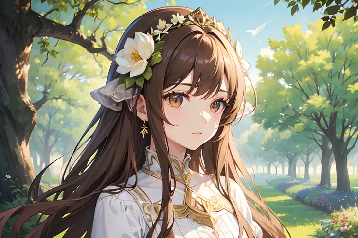 Official Art, Masterpiece European female, pale brown hair , brown eyes, (​masterpiece、top-quality、hight resolution: 1.4),in 8K, Anime Art Nouveau, highly detailed exquisite fanart, anime fantasy illustration, clean detailed anime art, detailed anime art, ...