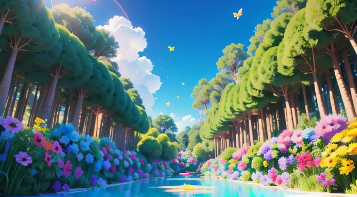 disney, pixar, Fundo divertido em estilo cartoon, floresta, dia ensolarado, blue skies, fun, vacation, cogumelos, ((floresta encantada)), vista frontal, alta resolução, (cores saturadas), 3d, 4k