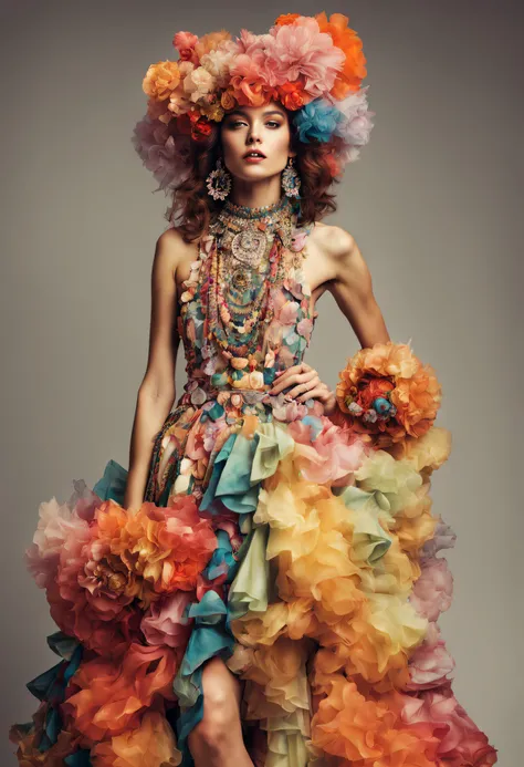 a handsome female, Bohemian Roman costume, Haute Couture fashion photography,
in the style of Lucy Grosssmith, Colorful, Eye-catching anaglyph compositions,
Bright palettes, The play of light and shadow, Patchwork collage aesthetics,
Olivia Gibbs haute couture, full length, Blooming crystals, Sparkling sunlight,
hairsh, Decorated with crystal beads, laid in loose braids, Couture is complicated
Velvet dress with ruffles, shiny diamond necklace, Chain earrings with collar,
Long Ending, Bright, Live, colored;, Fashion magazine style,
in the style of Chanel, Super detailed