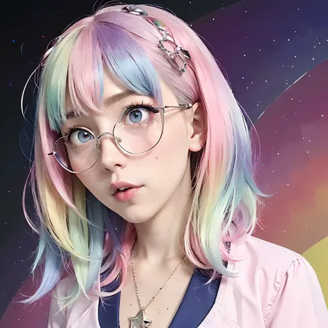 (masterpiece, highest quality, highest quality, watercolor art (pendant), official art, beautiful and aesthetic, (1.2), (1 girl: 1.3), (fractal art: 1.3), full body, star-shaped pupil, , pattern, ((iridescent hair, colorful hair, half blue and half pink ha...