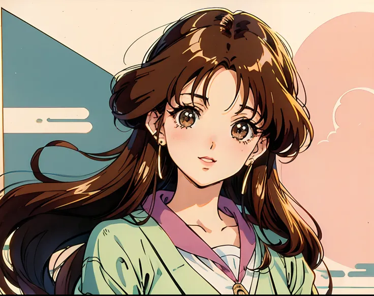 brown hair,(vintage 90s:1.1),(romance anime style:1.3), cardigan, lipgloss