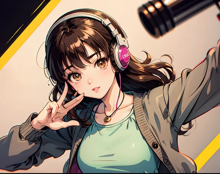 brown hair, vintage 90s:1.1, romance anime style:1.3, cardigan, lipgloss, headphones, dance