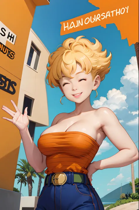 masterpiece, best quality, panchy, orange shirt, strapless, belt, blue pants, closed eyes, happy, smile, closed mouth, large breasts, waving with right hand