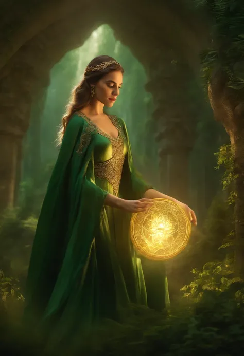 (best quality,4k,8k,highres,masterpiece:1.2),ultra-detailed,(realistic,photorealistic,photo-realistic:1.37),powerful spell to create a magical protective barrier,woman casting green magic to summon a magical shield,perfect for a fantasy world,illustration,...