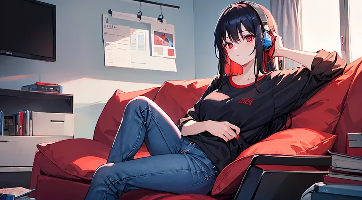 girl with long black hair and red eyes listening to music in her room with headphones, she is wearing a shirt and blue pants and siting on sofa.