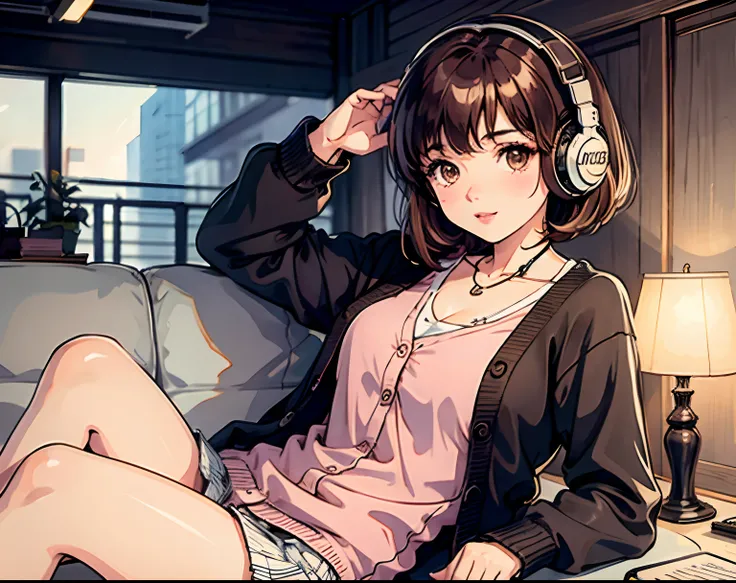 short brown hair, girl, vintage 90s, romance anime style, cardigan, lipgloss, headphones