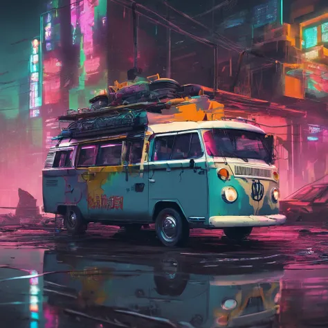 Carro KOMBI Colorido, Grey dystopian city, soprando cores para fora de seu tubo de escape, Return color to the city, illustration, ultra-detalhado, Realistic, cores vibrantes, studio lighting, paisagem urbana, alta resolução, HDR, dynamic lighting, smoke b...