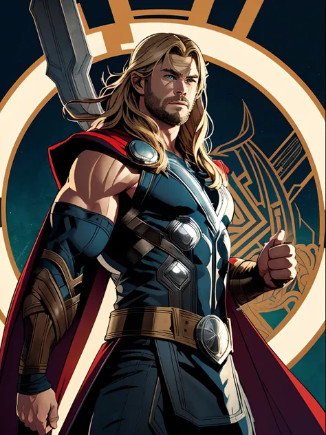 midshot, (cel-shading style:1.3), centered image, ultra detailed illustration of Thor from Marvel, posing, (tetradic colors), inkpunk, (ink lines:1.1), strong outlines, art by Alphonse Mucha, Gustav Klimt, Art Deco, bold traces, unframed, high contrast, (c...